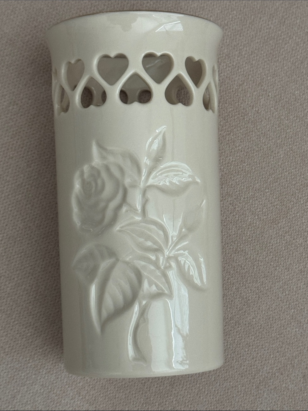 Vintage Lenox 6 Inch Pierced Rose Hearts Vase Ivory China 24K Gold Trim USA